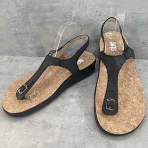 NEW SAS Marina Womens Size 10.5 Wide Black Leather‎ Ankle Strap Cork Sandals